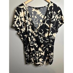 Talbots Floral Faux Wrap Top Blouse Black and Tan Size Large P